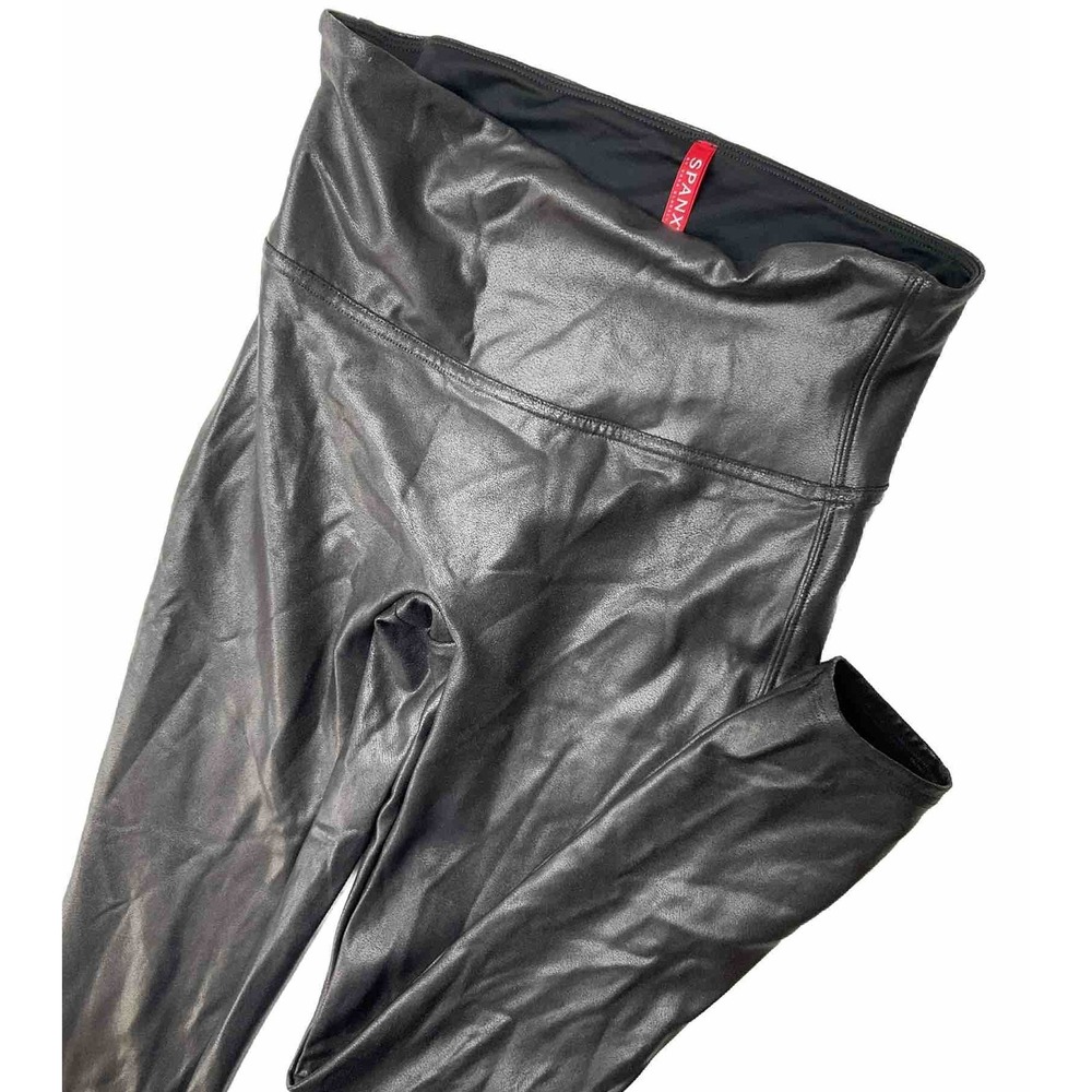 Spanx Faux Leather Leggings Womens M Petite Black High Waist Shaping Pants